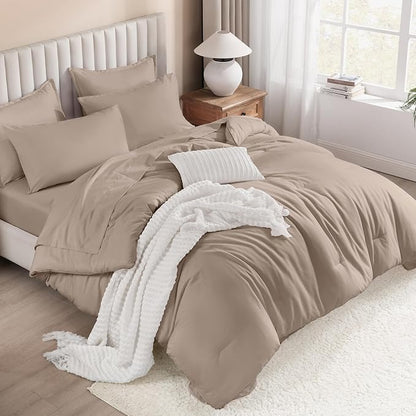 Litanika Full Size Comforter Sets Light Coffee - 7 Pieces Bed in a Bag Beddding Sets, Solid Lightweight Bed Set with Comforter, Sheets, Pillowcases & Shams