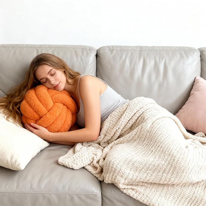 Knot Pillow Ball Plush - Decorative Throw Pillows for Bed Relieve Stress, Round Knot Cushion for Sofa Decor Pet Toy, Orange 12 inch
