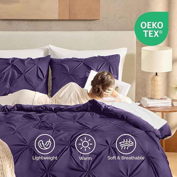 Andency Purple King Size Comforter Set, 3 Pieces Pintuck Lightweight Soft Bedding Comforters & Sets, All Season Microfiber Down Alternative Bed Comforter Set