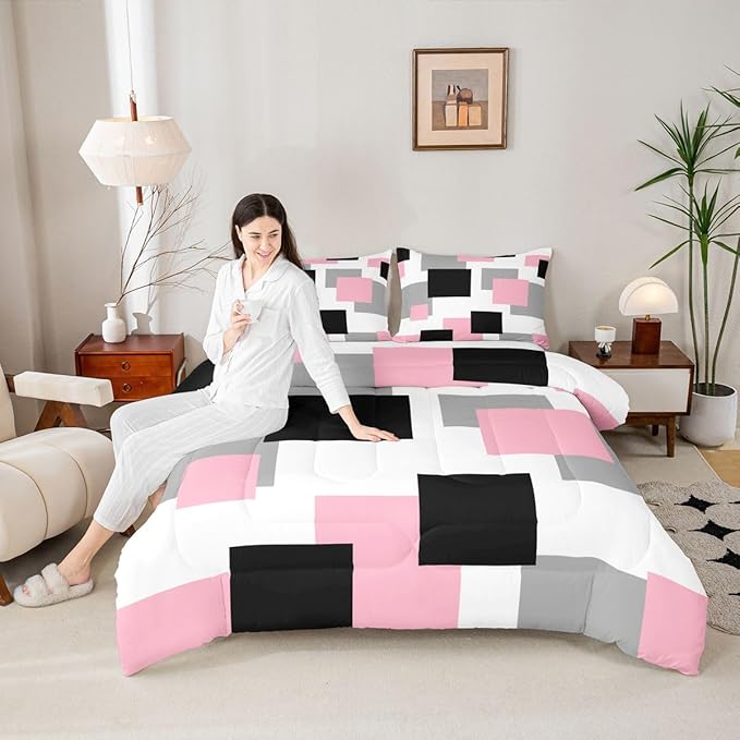 Castle Fairy Geometric Grid Square Splicing Boys Girls Comforter Set Full Size,Pink Black White Duvet Set Teens Bedroom Decor,Modern Abstract Microfiber Soft Bedding with 2 Pillowcases