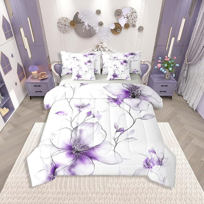 Erosebridal Purple Floral Twin Comforter Set with Sheets for Women, Boho Flower 7 Pcs Bedding Set, Watercolor Floral Elegant Bed Sets for Girls Adults, Ink Painting Style Blossom & Leaf Bed in A Bag