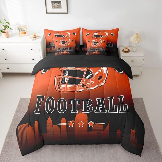 Erosebridal Football Comforter Set with Sheets Twin American Rugby 7 Piece Bedding Set for Boys Girls,Football City Bed in A Bag Orange Black Ombre Bed Set for Kids Teen Adults