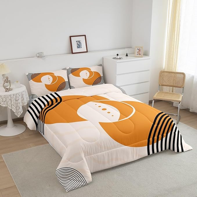 Orange Minimalist Bedding Set Twin Mid Century Comforter Set, Geometric Circle Duvet Insert Black Creamy White Aesthetic Quilt Comforter, Modern Bedding Comforters & Sets Microfiber 2 Pieces