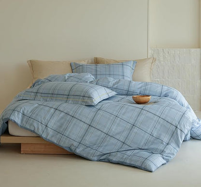 King Size Blue Plaid Comforter Set, 3Pcs Cotton Duvet for All Seasons, Warmth Breathable Bedding Set with 1 Lightweight Comforter and 2 Pillow Shams
