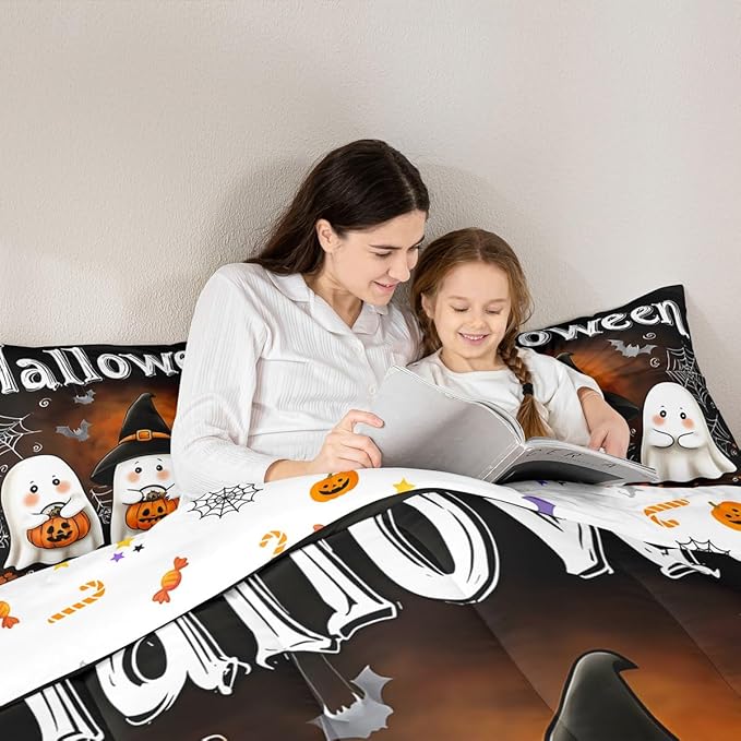 Erosebridal Boys Halloween Comforter Set Toddler, Ghost Holding Pumpkin Bedding Set, Halloween Ghost with Wizard Hat Comforter, Bat Cobweb Black Quilt with 1 Pillowcase for Kids Girls Teens Bedroom