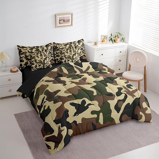 Erosebridal Duck Hunter 7 Pcs Bed Set Queen Size Camo Bedding for Kids Army Camouflage Hunting Bed in A Bag Sheet Set Vintage Brown Green Bedroom Decor Wild Animal Duck Rustic Comforter Set