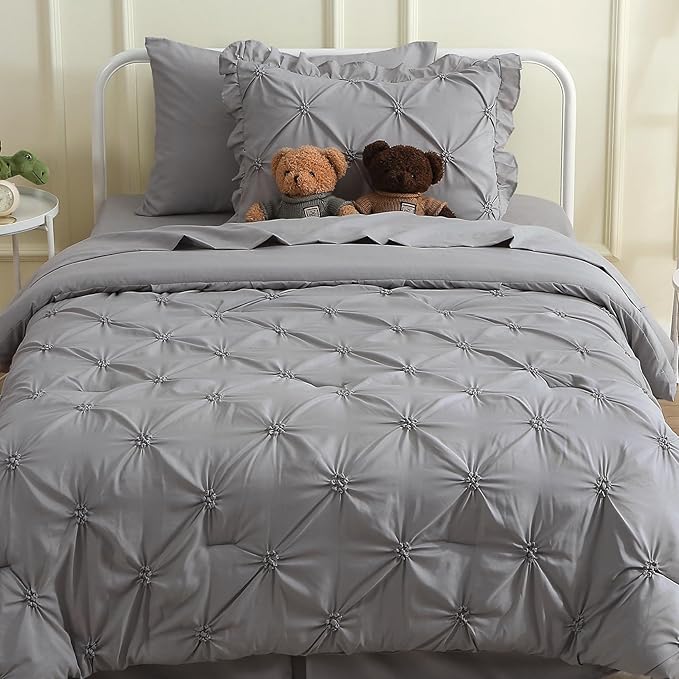 JOLLYVOGUE Gray Bed in a Bag Comforter Set for Bedroom, Pintuck Twin Size Comforter Sets 5 Pieces, Beddding Sets with Comforter, Sheets,Ruffled Shams & Pillowcases