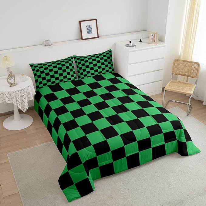 Feelyou Checkered Bedding Set Teen Women Men Green Black Plaid Comforter Set Toddler Size Kids Boys Girls Cute Retro Neutral Checkerboard Geometric Duvet Insert Vintage Aesthetic Room Decor