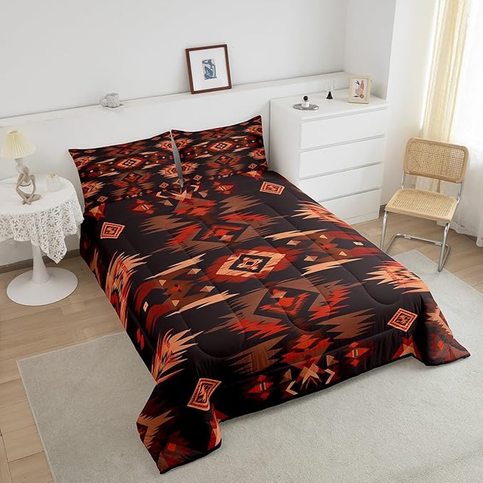 Feelyou Rustic Western Southwestern Comforter Set,Native American Tribal Navajo Bedding Set Twin Size,Boys Girls Bedroom Room Decor,Red Black Western Comforter,Farmhouse Bed Set