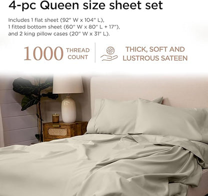 Threadmill Supima Cotton Queen Sheet Set, 1000 Thread Count Queen Sheets for Queen Mattresses, 4 Piece American Luxury Bed Sheets, Sateen Hotel Quality Sheets with Elasticized Deep Pocket, Taupe