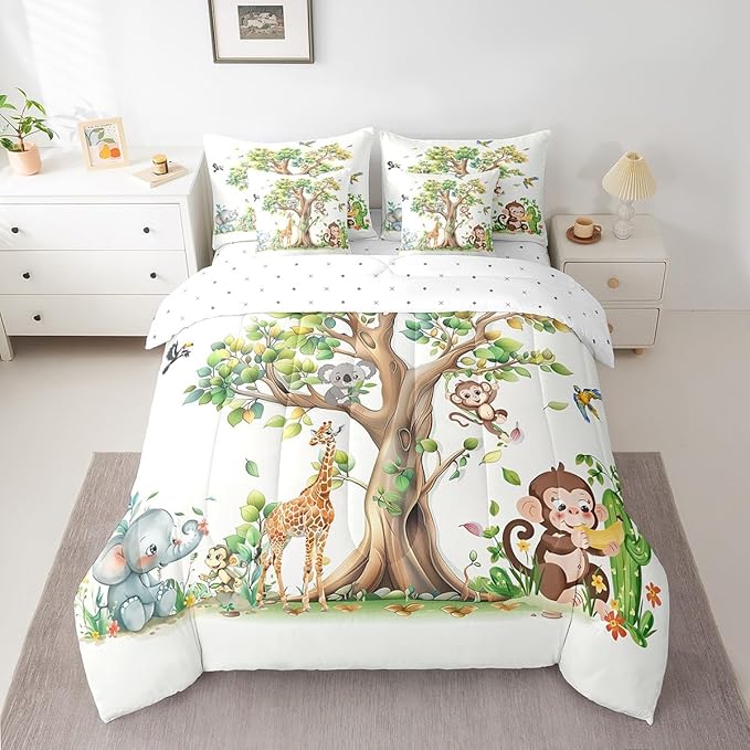 Erosebridal Zoo Animal 7 Piece Bedding Set Twin Size,Elephant Monkey Koala Bed in a Bag,Birds Trees Bed Set Includes Comforter, Sheet Set, Pillowcases & Pillow Covers All Season Bedroom Decor