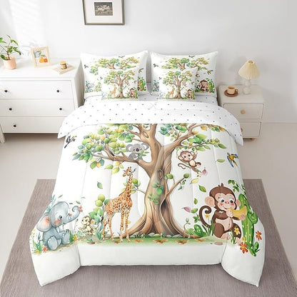 Erosebridal Zoo Animal 7 Piece Bedding Set Full Size,Elephant Monkey Koala Bed in a Bag,Birds Trees Bed Set Includes Comforter, Sheet Set, Pillowcases & Pillow Covers All Season Bedroom Decor