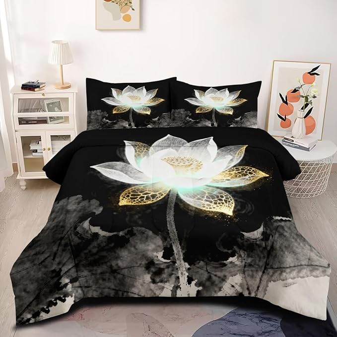 Black Floral Comforter Set Queen Elegant Vintage White Gold Flower Bedding Set Modern Aesthetic Bedding Comforters Soft Down Alternative Comforter Sets with 2 Pillowcases