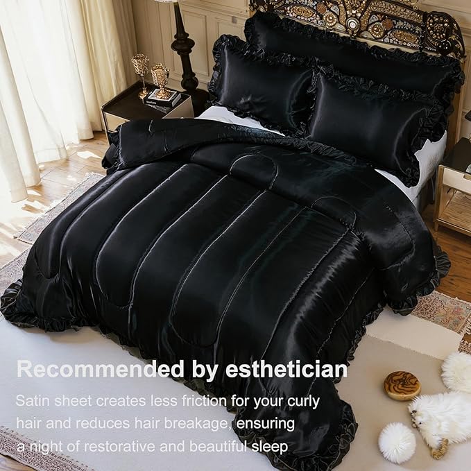 Black King Comforter Set Silk Like Satin Bedding Set Hotel Soft Polyester Black Bed Set Luxury Silky Body Pillow Cover with Quilt Set Ruffle Down Comforter Home Decor