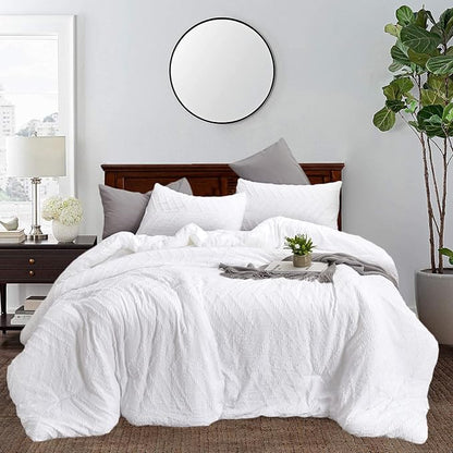 CLOTHKNOW White Tufted Full Size Comforter Sets Farmhouse Bedding Comforter Sets Shabby Chic Comforters Soft Boho Comforter with 2 x Pillow Cases