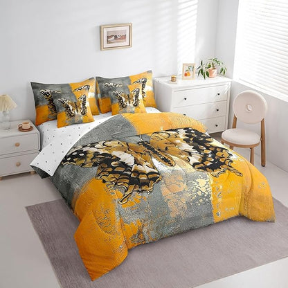 Erosebridal Boho Butterfly King Comforter Set 7 Pieces for Girls Women Bedroom Decor, Yellow Gray Ombre Bed in a Bag Modern Contemporary Bedding Comforter Sets with Fitted Sheet and Flat Sheet