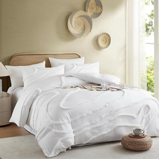 Cupocupa King Size Comforter Set;Beige Comforter Boho Tufted Lightweight Bedding Sets 3PCS Soft Jacquard with 2 Pillow Cases for All Season