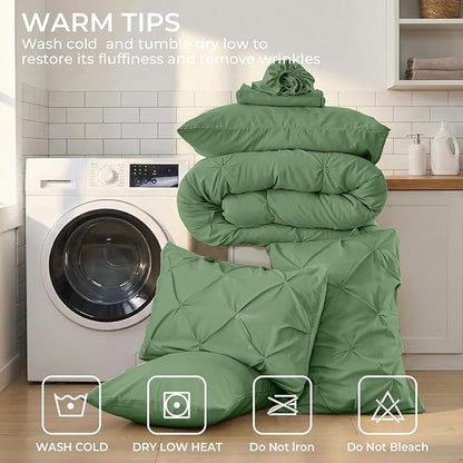 Sasttie King Size Comforter Set, 7-Piece Bed in a Bag, Pintuck Bedding Set for All Season, Includes Comforter, Flat Sheet, Fitted Sheet, Pillowcases and Pillowshams, Green