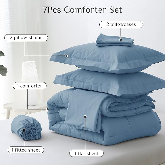 JOLLYVOGUE King Comforter Set, Ultra-Soft Bed in a Bag King Size 7 Pieces, Oeko-TEX Certified Bedding Set with Down Alternative Comforter, Sheets, Pillowcases & Shams, Dusty Blue