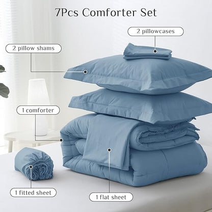 JOLLYVOGUE King Comforter Set, Ultra-Soft Bed in a Bag King Size 7 Pieces, Oeko-TEX Certified Bedding Set with Down Alternative Comforter, Sheets, Pillowcases & Shams, Dusty Blue