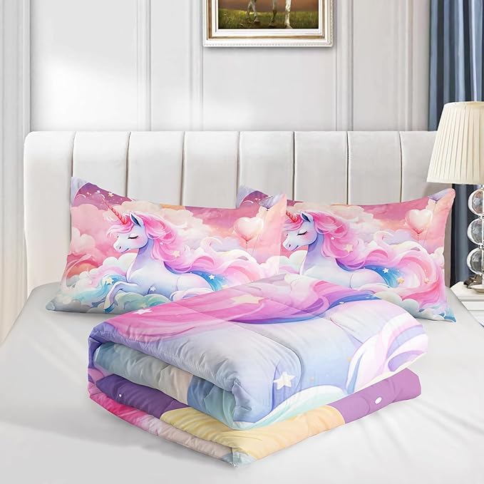 Kid Unicorn Comforter Set Twin Size 3Pcs Pink Galaxy Bedding Set Glitter Star Cloud Love Quilt Bed Set for Boys Girls with 1 Comforter and 2 Pillowcases