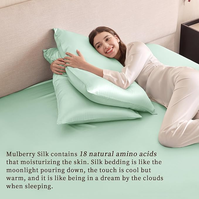 THXSILK 6A+ Top Grade 100% Pure Mulberry Silk Twin Fitted Sheet 3Pcs Set Bed Sheets Luxury Bedding for Hair and Skin Healthy Natural Materials, 1 Fitted Sheet with 2 Pillowcases, Turquoise