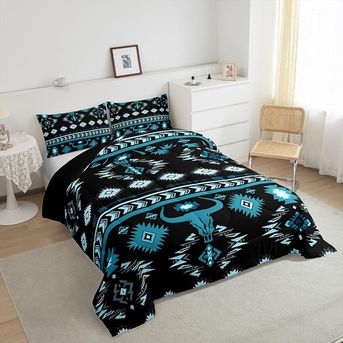Feelyou Kids Western Decor Bedding Set Toddler Size Southwestern Aztec Comforter Set for Boys Girls Ethnic Tribal Bull Skull Duvet Quilt