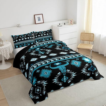 Feelyou Kids Western Decor Bedding Set Toddler Size Southwestern Aztec Comforter Set for Boys Girls Ethnic Tribal Bull Skull Duvet Quilt