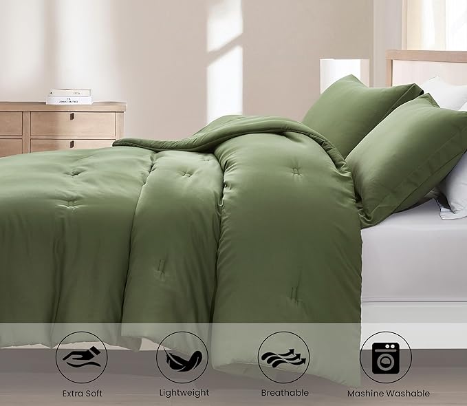 Chezmoi Collection Cliff 3-Piece Lightweight Cooling Comforter Set, King - Rayon Derived from Bamboo & Polyester Blended, Soft Breathable Bedding for Hot Sleepers, Olive Green