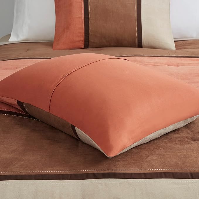 Madison Park Palisades Comforter Set Modern Faux Suede Pieced Stripe Design, All Season Down Alternative Cozy Bedding with Matching Shams, Decorative Pillows, Queen(90"x90"), Coral 7 Piece