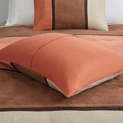 Madison Park Palisades Comforter Set Modern Faux Suede Pieced Stripe Design, All Season Down Alternative Cozy Bedding with Matching Shams, Decorative Pillows, Cal King(104"x92"), Coral 7 Piece