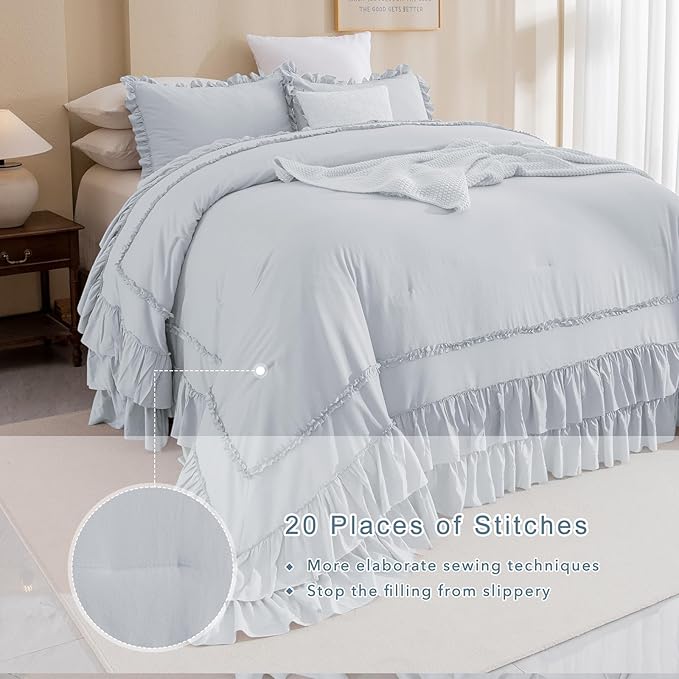 QSH Oversized King Comforter 120x120,3PCs Light Blue Farmhouse Ruffle Bedding Comforter Shabby Boho Chic Ruffled California King Comforter Soft Microfiber Lightweight Fluffy Bed with Pillowcases