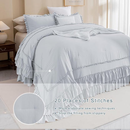 QSH Light Blue Ruffle Oversized King Comforter 128x120,3PCs Farmhouse Shabby Vintage Chic Ruffled Bed Comforter Set French Country Rustic California King Bedding Comforter Set Soft and Lightweight