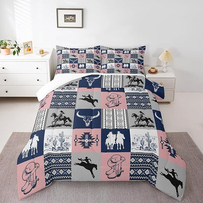 Southwestern Comforter Set Queen Size,Navy Blue Pink Plaid Patchwork Bedding Set 3Pcs,Cowboy Cow Skull Cactus Quilt Set for Boys Girls Men Room Decor,Vintage Rustic Duvet Insert,2 Pillowcases
