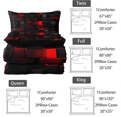 Neon Red Black Comforter Set Queen Geometric Kids Bedding Set,3 PCS Geometry Honeycomb Bed Set Modern Quilt Set 1 Comforter 2 Pillow Cases Cool Room Decor All Season B-Side Black