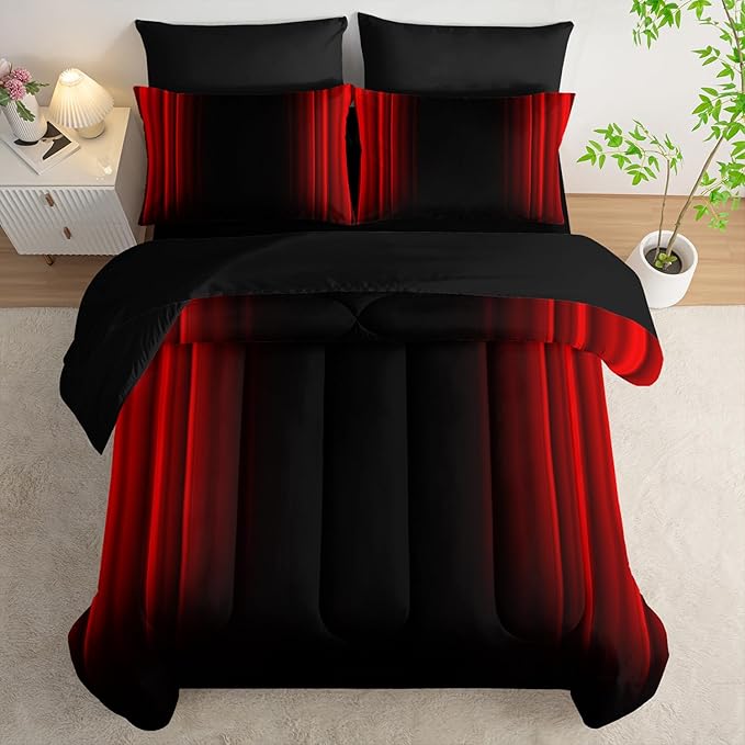 Red and Black Bedding Set Twin Size Abstract Ombre Comforter Set Bedding Set 7 Piece in A Bag,Dark Quilt Set Mordern Art Decor All Seasons with Pillowcases,Flat, Fitted Sheet