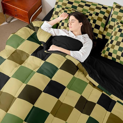 Checkered Retro Comforter Set King Size 7 Pieces Hunter Green Plaid Bedding Set for Kids Boys Girls Geometric Camo Army Bed in a Bag Modern Hunting Groovy Aesthetic Bedroom Decor Quilted Lightweight