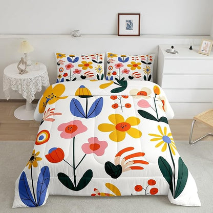 Hippie Floral Kids Twin Size Comforter Set,Groovy Flowers Leaves Cartoon Sketch Reversible Bedding Sets for Teens Bedroom Decor,Vintage 80s Retro Bohemian Quilted Duvet,1 Pillowcase