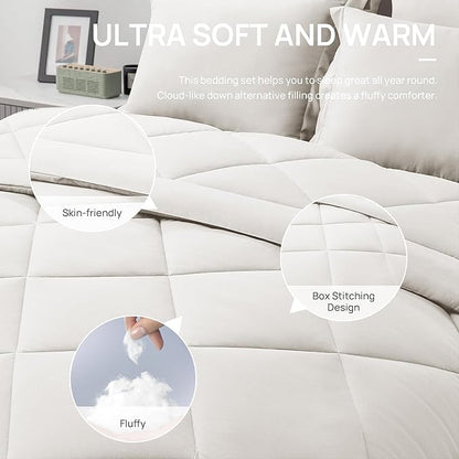 Love's cabin Twin XL Comforter Set Off White, 5 Pieces Twin XL Bed in a Bag, All Season Bedding Sets with 1 Comforter, 1 Flat Sheet, 1 Fitted Sheet, 1 Pillowcase and 1 Pillow Sham