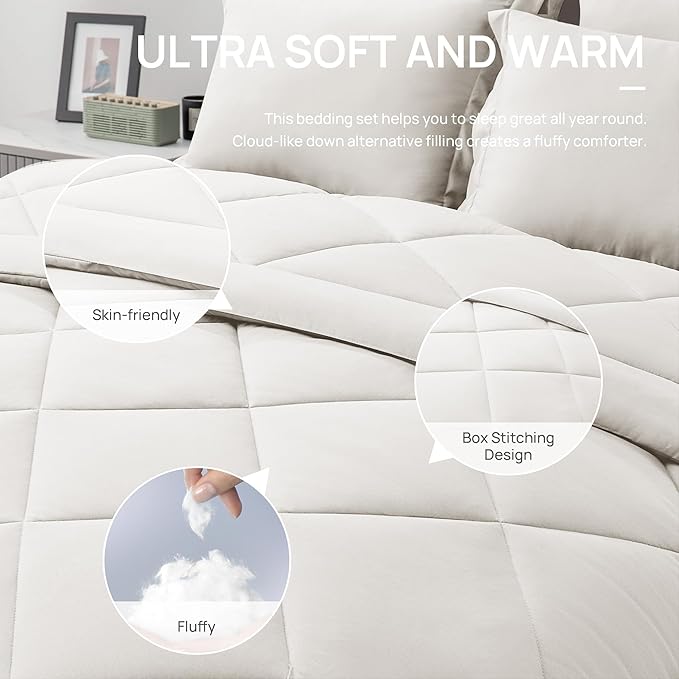 Love's cabin California King Comforter Set Off White, 7 Pieces California King Bed in a Bag, All Season Bedding Sets with 1 Comforter, 1 Flat Sheet, 1 Fitted Sheet, 2 Pillowcase and 2 Pillow Sham