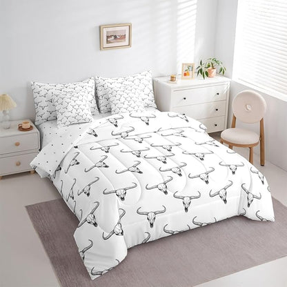 Erosebridal Bull Skull 7 Piece Comforter Set King Ethnic Bohemian Bedding for Men Boys | Tribal Steer Skull Wildlife Aztec Bedroom Decor Farmhouse Cabin Lodge Sheet Set with Comforter,Black White