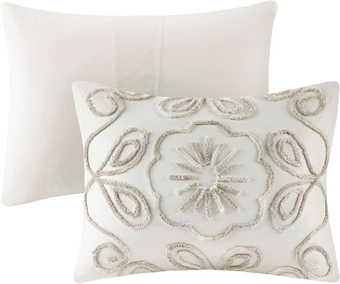 Madison Park Violette Chenille Cotton Tufted Comforter Large Medallion Design, All Season, Hypoallergenic, Soft Bedding Set, Matching Sham, Full/Queen, Ivory/Taupe 3 Piece