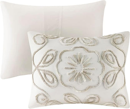 Madison Park Violette Chenille Cotton Tufted Comforter Large Medallion Design, All Season, Hypoallergenic, Soft Bedding Set, Matching Sham, Full/Queen, Ivory/Taupe 3 Piece