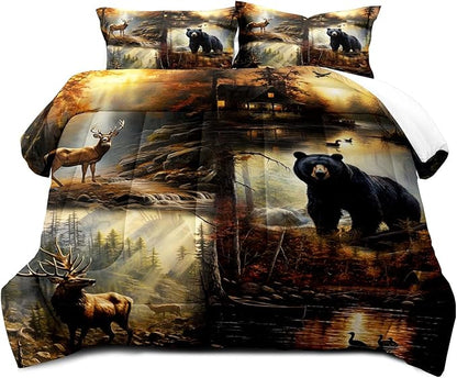 LUVIVIHOME 3PCS Black Bear Deer Comforter Set Queen Size, Elk Moose Mallard Duck Woodland Forest Animal Wildlife Hunting Camo Hunter Country Lodge Rustic Farmhouse Cabin Bedding Sets, 2 Pillow Shams