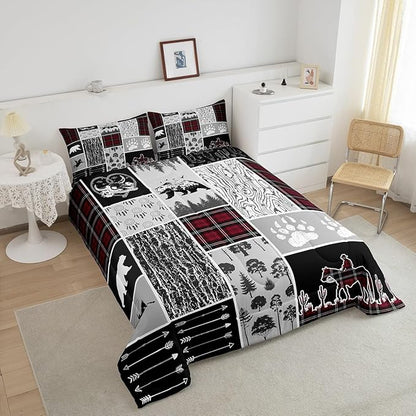 Erosebridal Western Cowboy Comforter Set King,Rustic Farmhouse Bedding Set Western Bedroom Decor,Hunting Bear Horse Duvet Insert,Dream Catcher Arrow Wildlife Print Quilt Buffalo Plaid Decor,Red