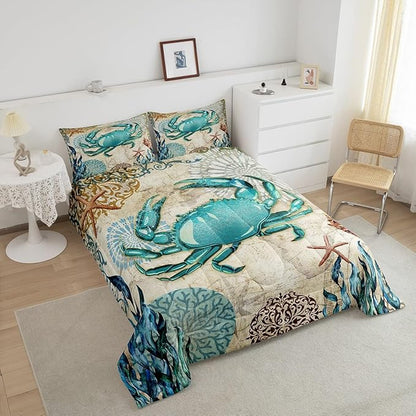 Sea Beach Theme Comforter Set Kids Beach Crabs Print Full Bedding 3D Sea Animal Crab Luxury Microfiber Quilted Duvet Set with 2 Pillowcases,Soft Lightweight Marine Life Decorative Bedding Soft Fluffy