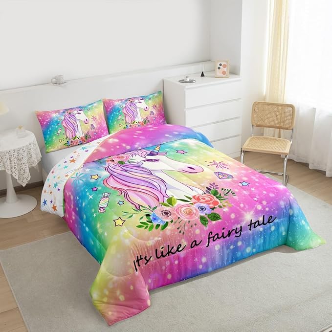 Unicorn Gifts for Girls,Kawaii Comforter Set Glitter Galaxy Bedding Set for Kids Toddler,Cartoon Magical Animal Duvet Insert Cute Horse Quilt Twin,Rainbow Unicorn Room Decor for Girls Bedroom