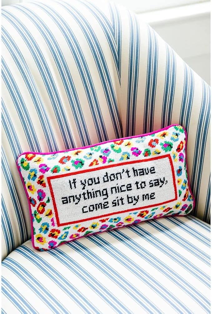 FURBISH Needlepoint Decorative Throw Pillow - Come Sit by Me - 9" x 15" - Small Embroidered Accent Pillow for Bed, Chair, Couch, Sofa - Eclectic Home Decor