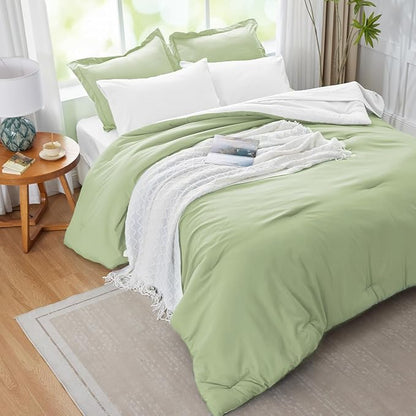 King Size Comforter Set Light Green Reversible Bedding Set, 7 Pieces Soft Bed in a Bag King with Comforter, Sheets, Pillowcases & Shams, All Season Boho King Bed Set
