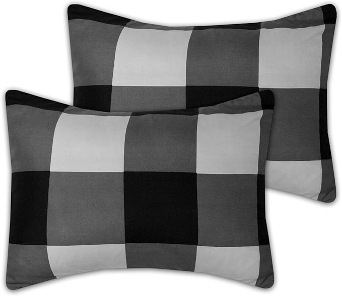 7 Piece Comforter Set Bag Solid Color All Season Soft Down Alternative Blanket & Luxurious Microfiber Bed Sheets, Queen, Buffalo Plaid Black/Gray/Black Sheet